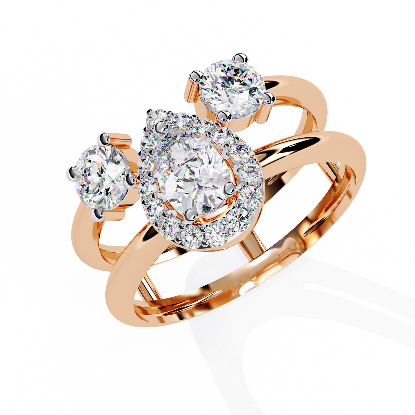 Celestia Three-Stone Halo Diamond Ring