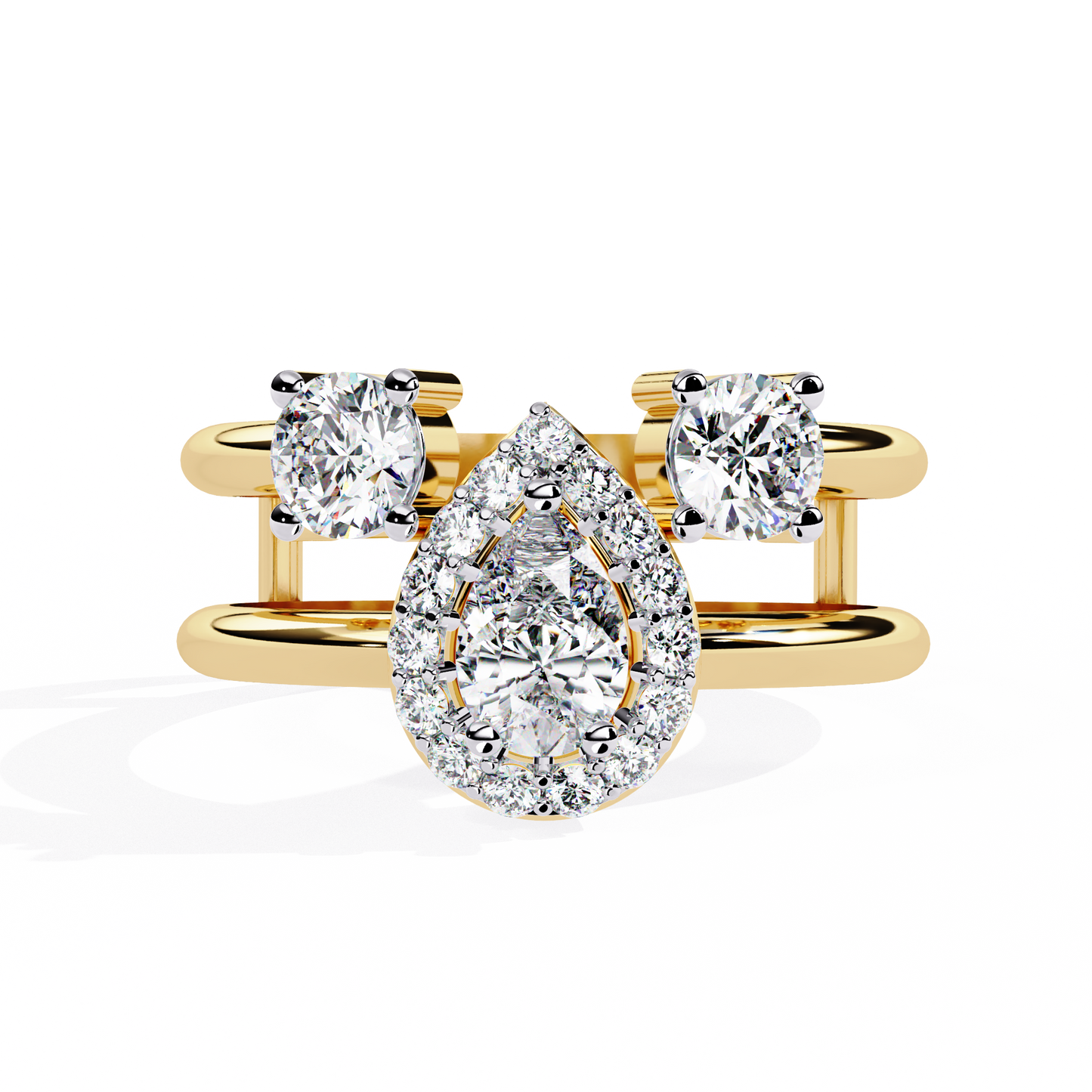 Celestia Three-Stone Halo Diamond Ring