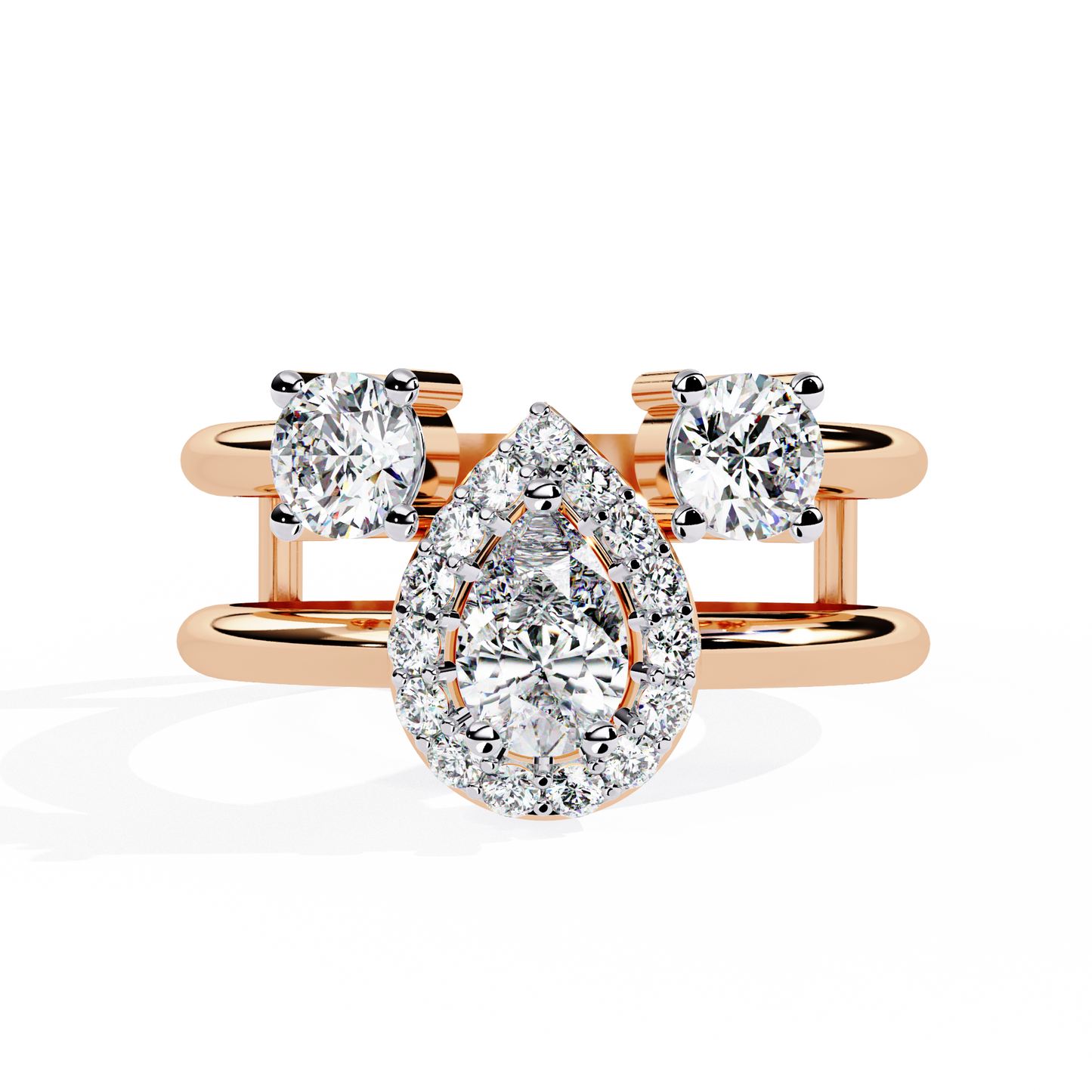 Celestia Three-Stone Halo Diamond Ring
