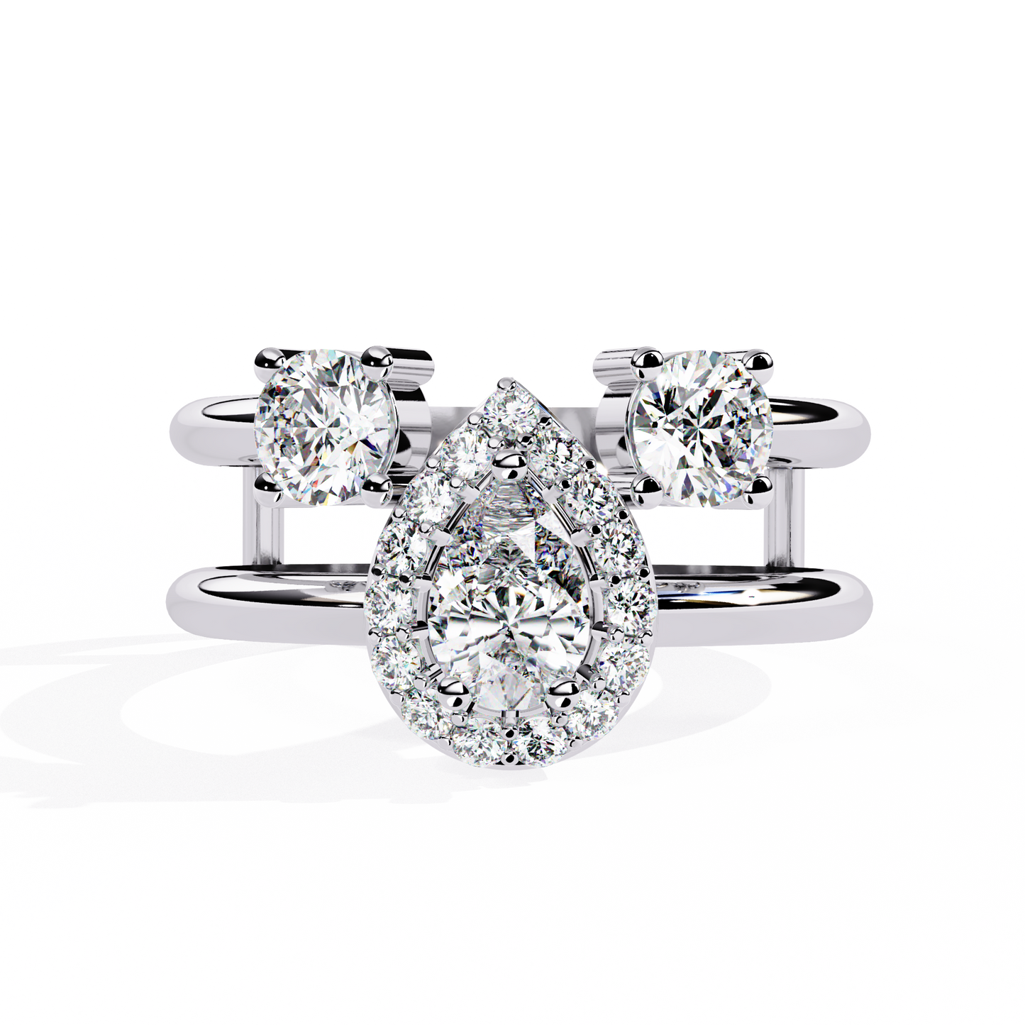 Celestia Three-Stone Halo Diamond Ring