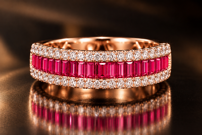 Ruby Red Baguette Diamond Band Ring in Gold