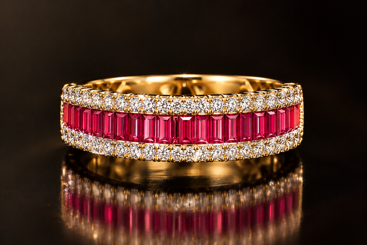Ruby Red Baguette Diamond Band Ring in Gold