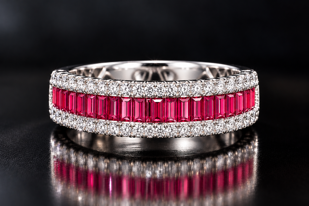 Ruby Red Baguette Diamond Band Ring in Gold