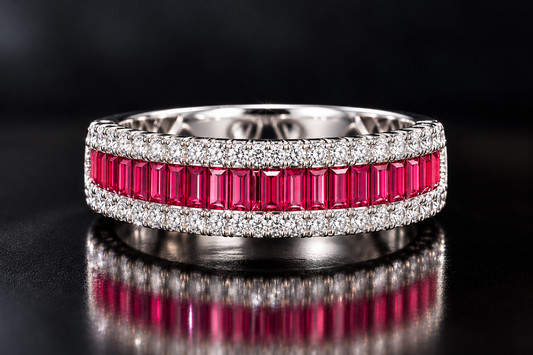Ruby Red Baguette Diamond Band Ring in Gold