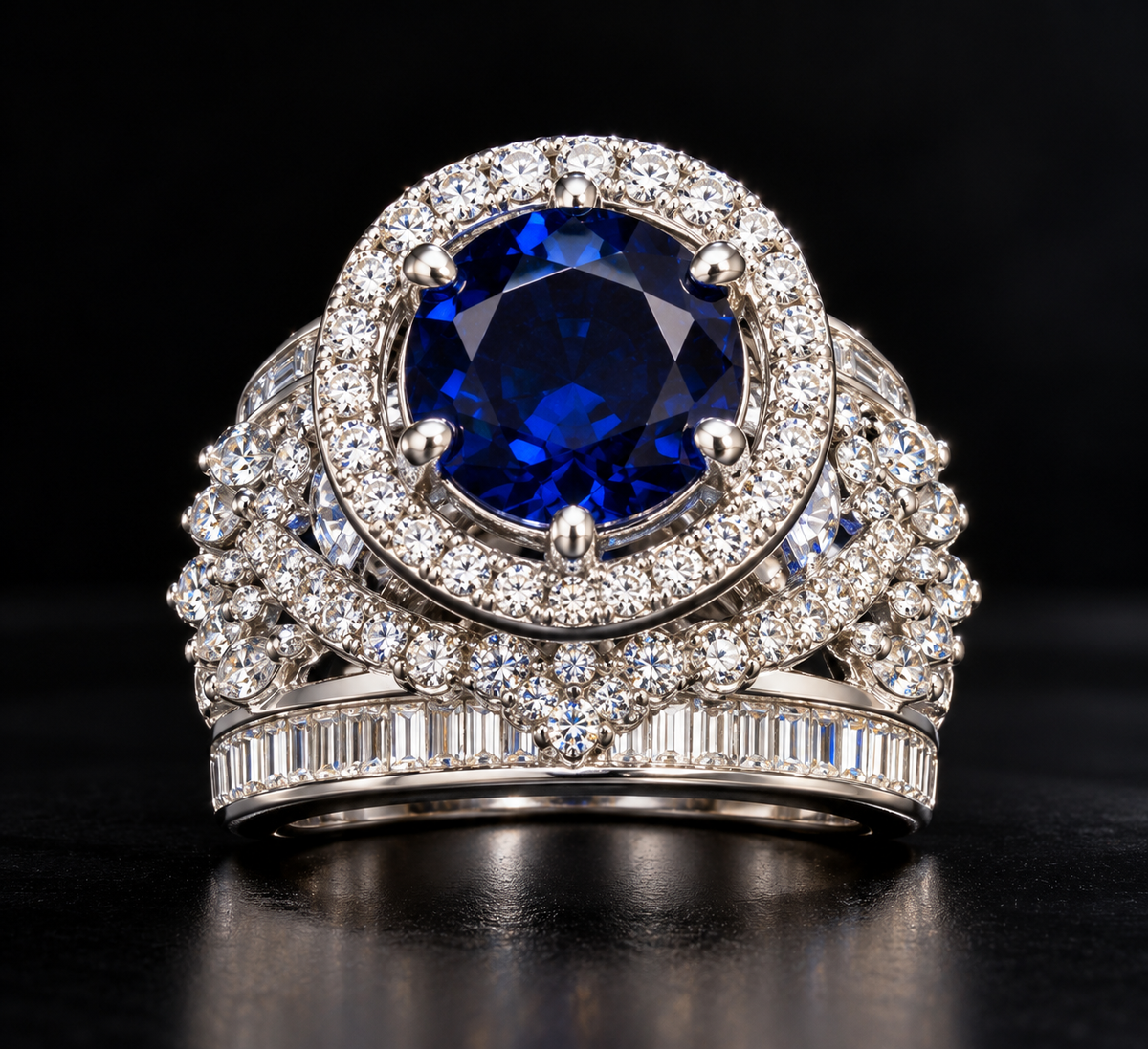 Zeromakin Royal Blue Sapphire & Diamond Halo Ring in White Gold