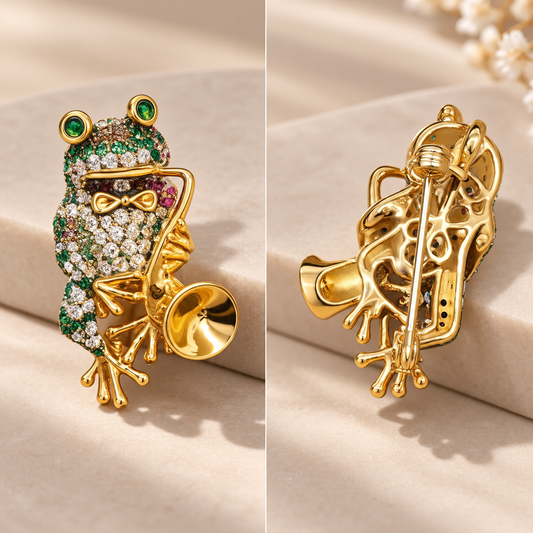 Gold Bejeweled Frog Saxophone Brooch | Fine Animal Jewelry
