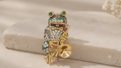 Gold Bejeweled Frog Saxophone Brooch | Fine Animal Jewelry