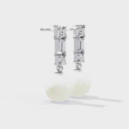 Elegant Trio Diamond Pearl Drop Earrings